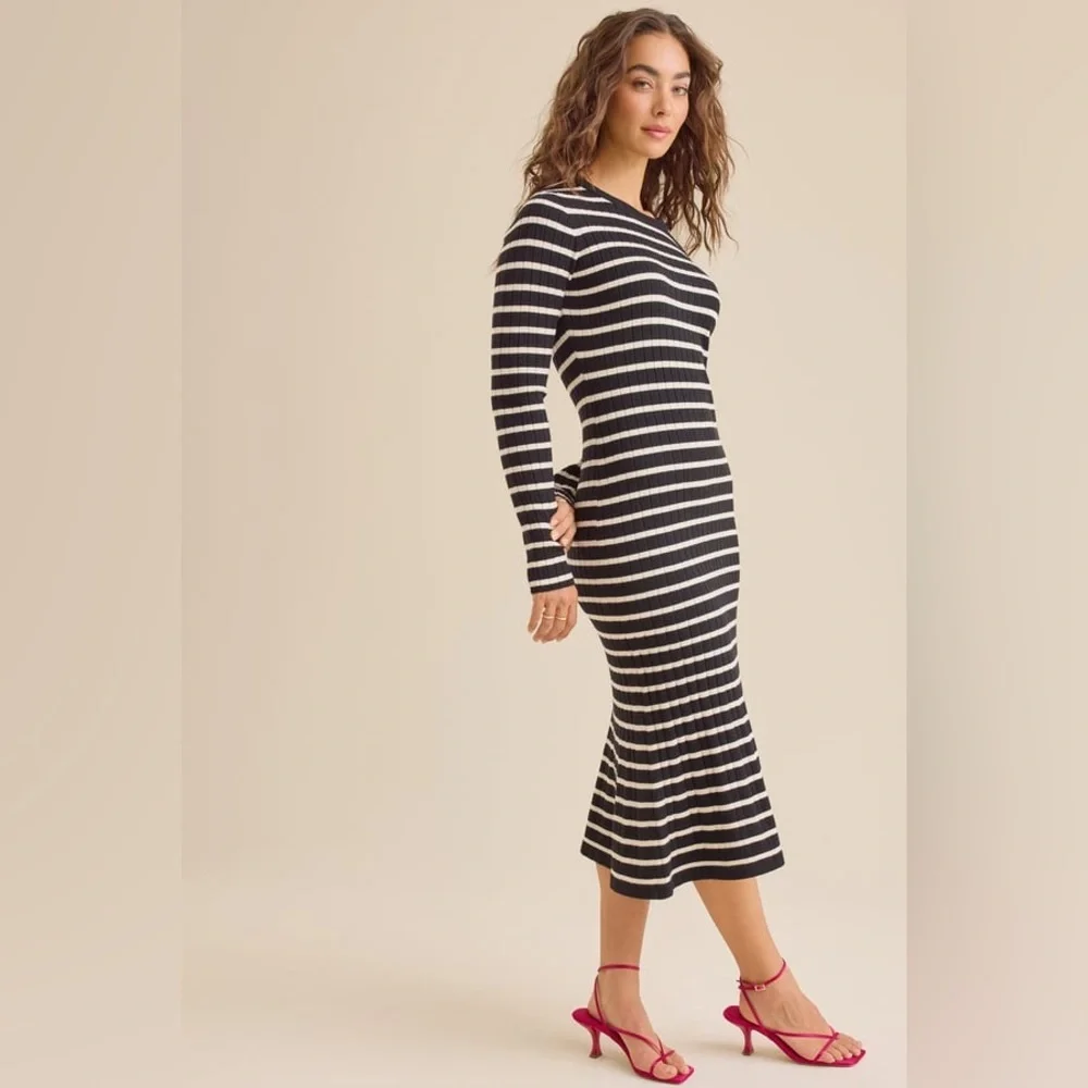 NEW HYFVE Black Striped Ribbed Midi Sweater Dress Flared Hem Size Medium